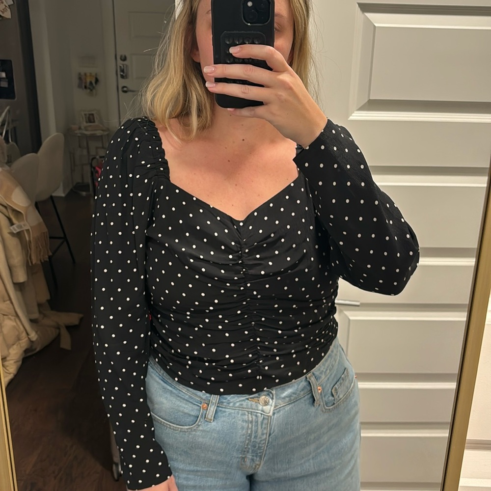 black and white polka dot long sleeve top